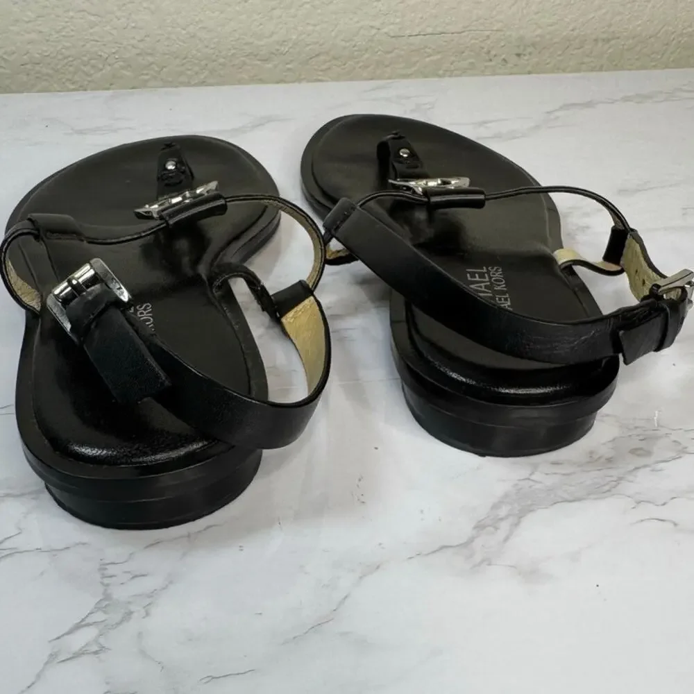 Michael Kors Sondra‎ Thong Sandals Black Leather Sandal Silver Accent Size 7